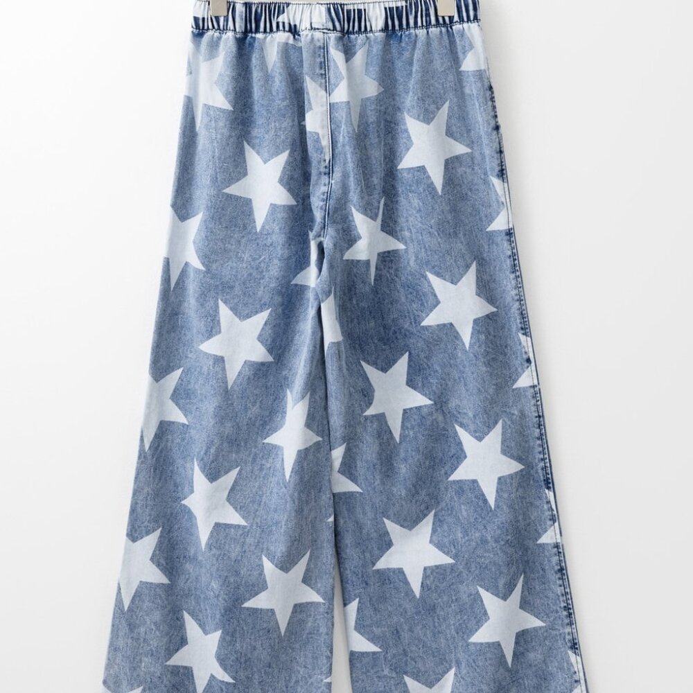 B274 Light Blue Star Print Light Wash Drawstring High Waist Wide Leg Jeans - Picture 7 of 12